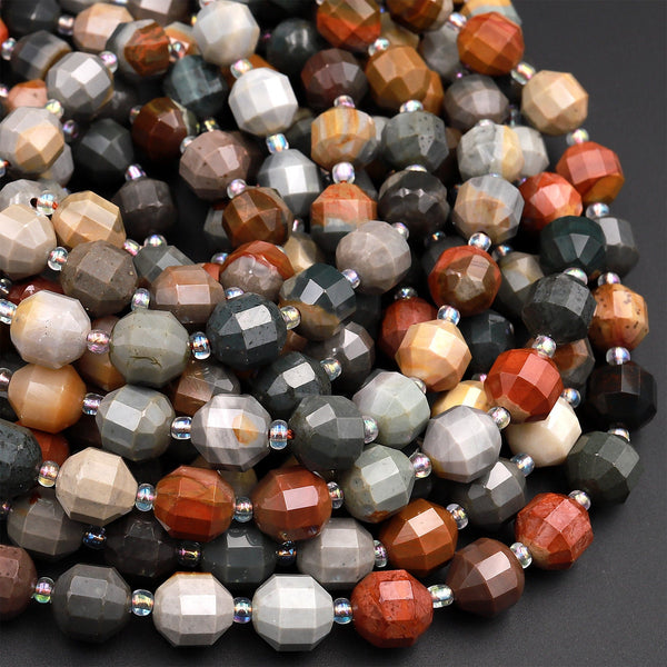 Natural Landscape Ocean Jasper 8mm 10mm Beads Faceted Energy Prism Double Terminated Points 15.5&quot; Strand