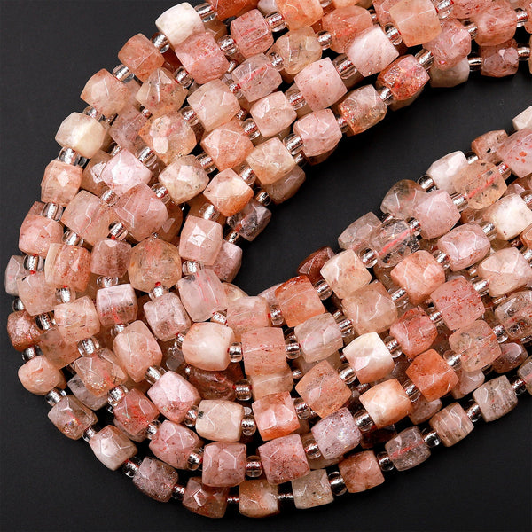 Natural Sunstone Faceted 8mm 10mm Dice Cube Square Beads 15.5&quot; Strand