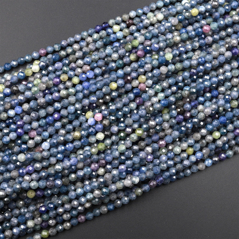 Real Genuine Burma Sapphire Faceted 2mm 3mm 4mm Round Beads Natural Multicolor Blue Purple Green Pink Gemstone 15.5&quot; Strand