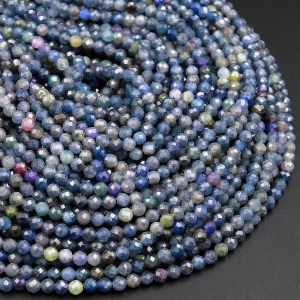 Real Genuine Burma Sapphire Faceted 2mm 3mm 4mm Round Beads Natural Multicolor Blue Purple Green Pink Gemstone 15.5&quot; Strand