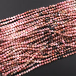 Micro Faceted Multicolor Rhodonite 4mm Round Beads Natural Pink Black Gemstones 15.5&quot; Strand