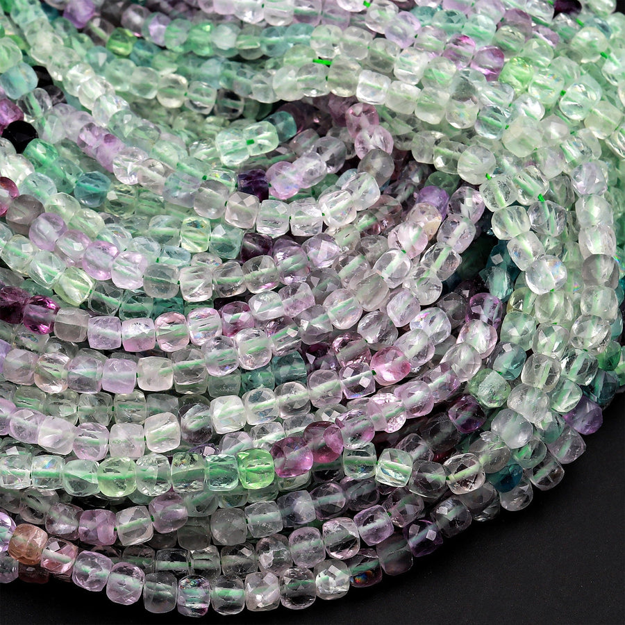 Natural Fluorite Faceted 5mm Cube Square Dice Beads Pastel Pink Purple Green Gemstone 15.5&quot; Strand