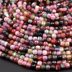 Natural Tourmaline Faceted 4mm Cube Square Dice Beads Watermelon Pink Green Red Blue Gemstone 15.5&quot; Strand