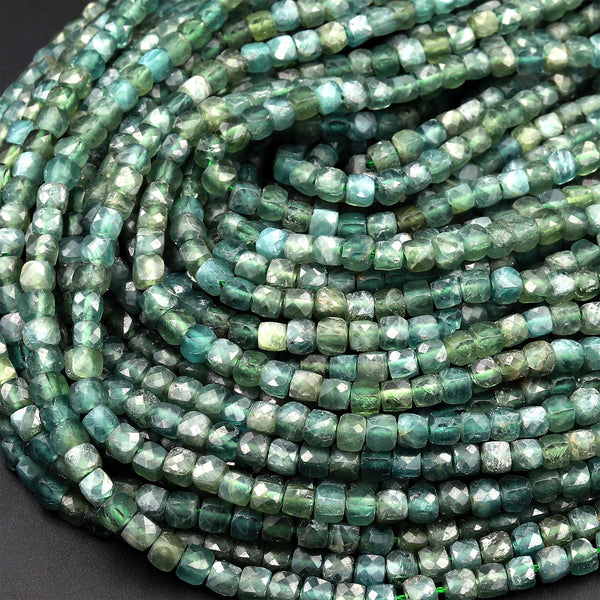 Natural Green Tourmaline Gemstone Faceted 4mm Cube Square Dice Beads 15.5&quot; Strand