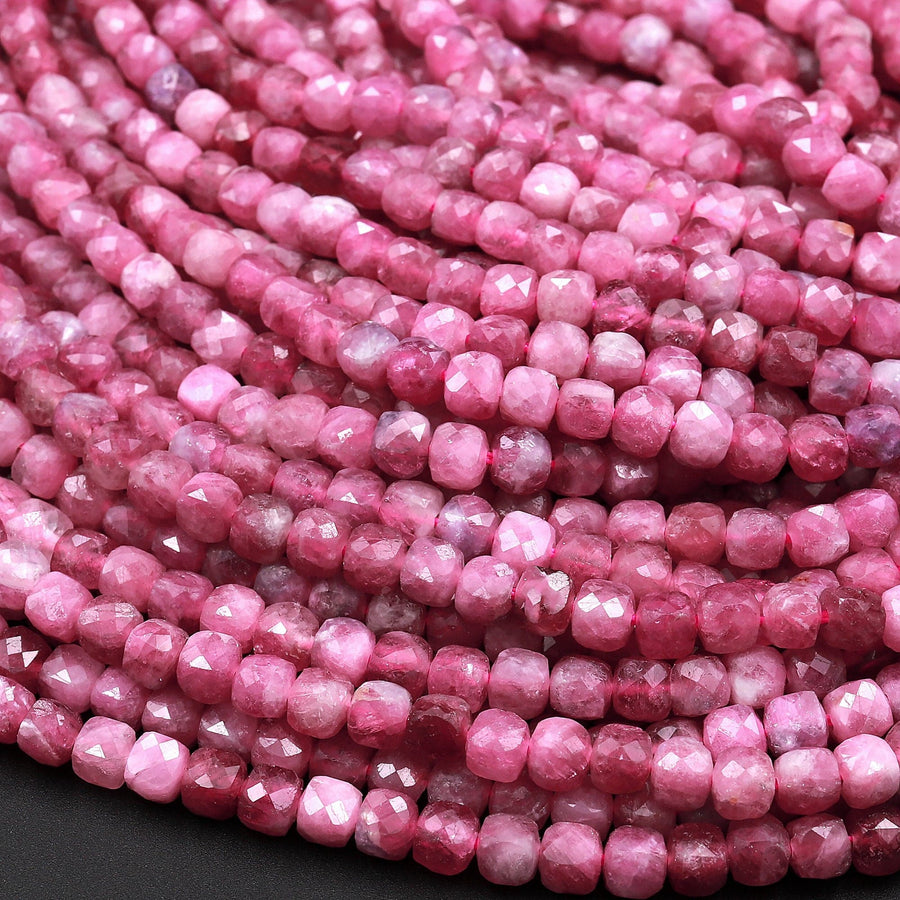 Natural Pink Tourmaline Faceted 4mm Cube Square Dice Beads Gemstone 15.5&quot; Strand