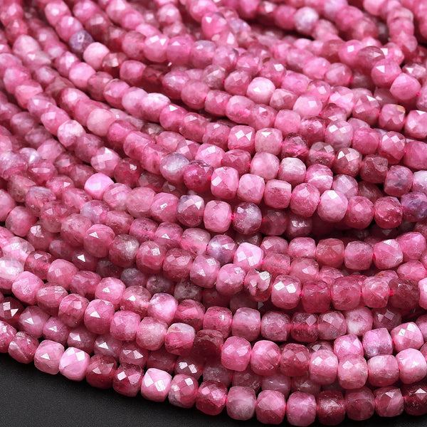 Natural Pink Tourmaline Faceted 4mm Cube Square Dice Beads Gemstone 15.5&quot; Strand