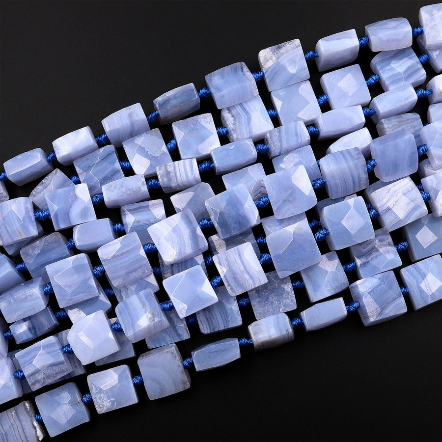 Faceted Natural Blue Lace Agate Square Cushion Beads 15.5&quot; Strand
