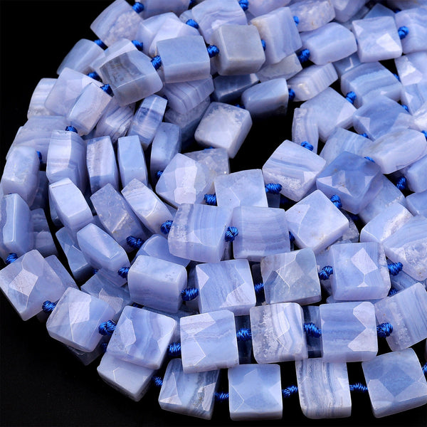 Faceted Natural Blue Lace Agate Square Cushion Beads 15.5&quot; Strand