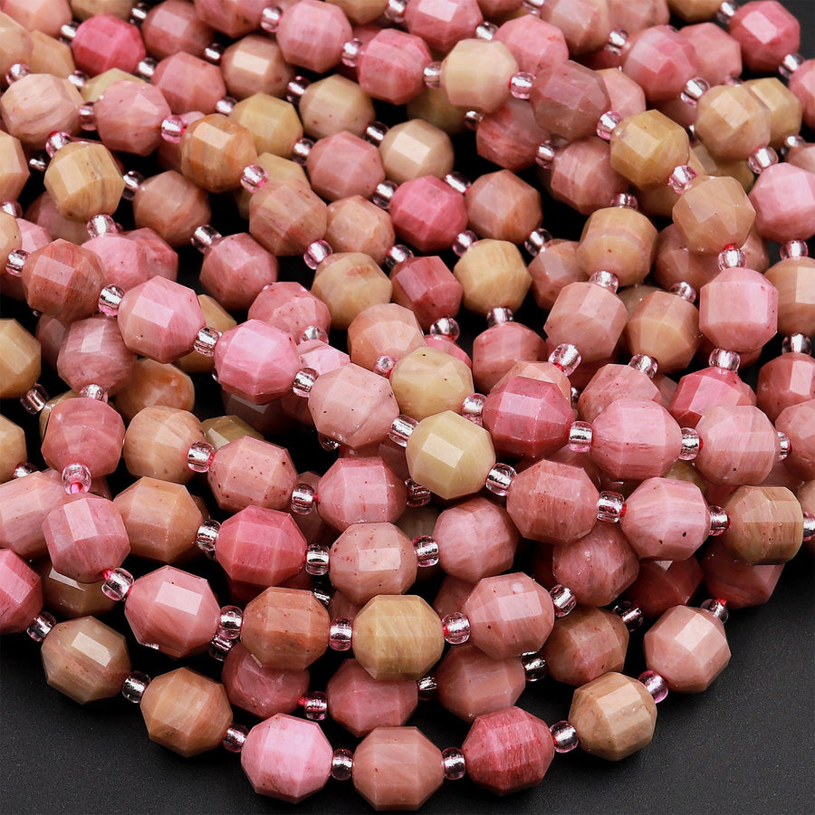 Natural Petrified Rhodonite 8mm Beads Faceted Energy Prism Double Point Cut 15.5&quot; Strand