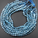 Natural Translucent Blue Aquamarine 6mm 8mm 10mm 12mm Round Beads W Black Iron Matrix 15.5&quot; Strand