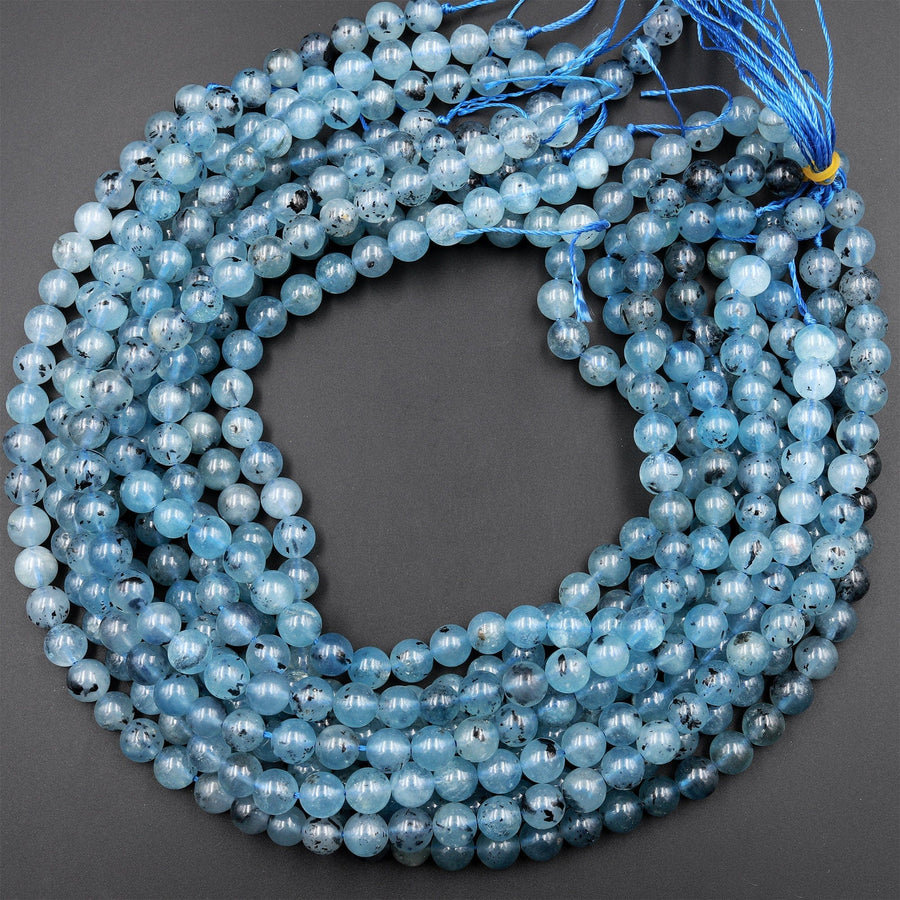 Natural Translucent Blue Aquamarine 6mm 8mm 10mm 12mm Round Beads W Black Iron Matrix 15.5&quot; Strand