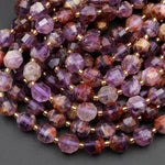 AAA Natural Super 7 Phantom Amethyst Cacoxenite 8mm 10mm Beads Faceted Energy Prism Double Point Cut 15.5&quot; Strand