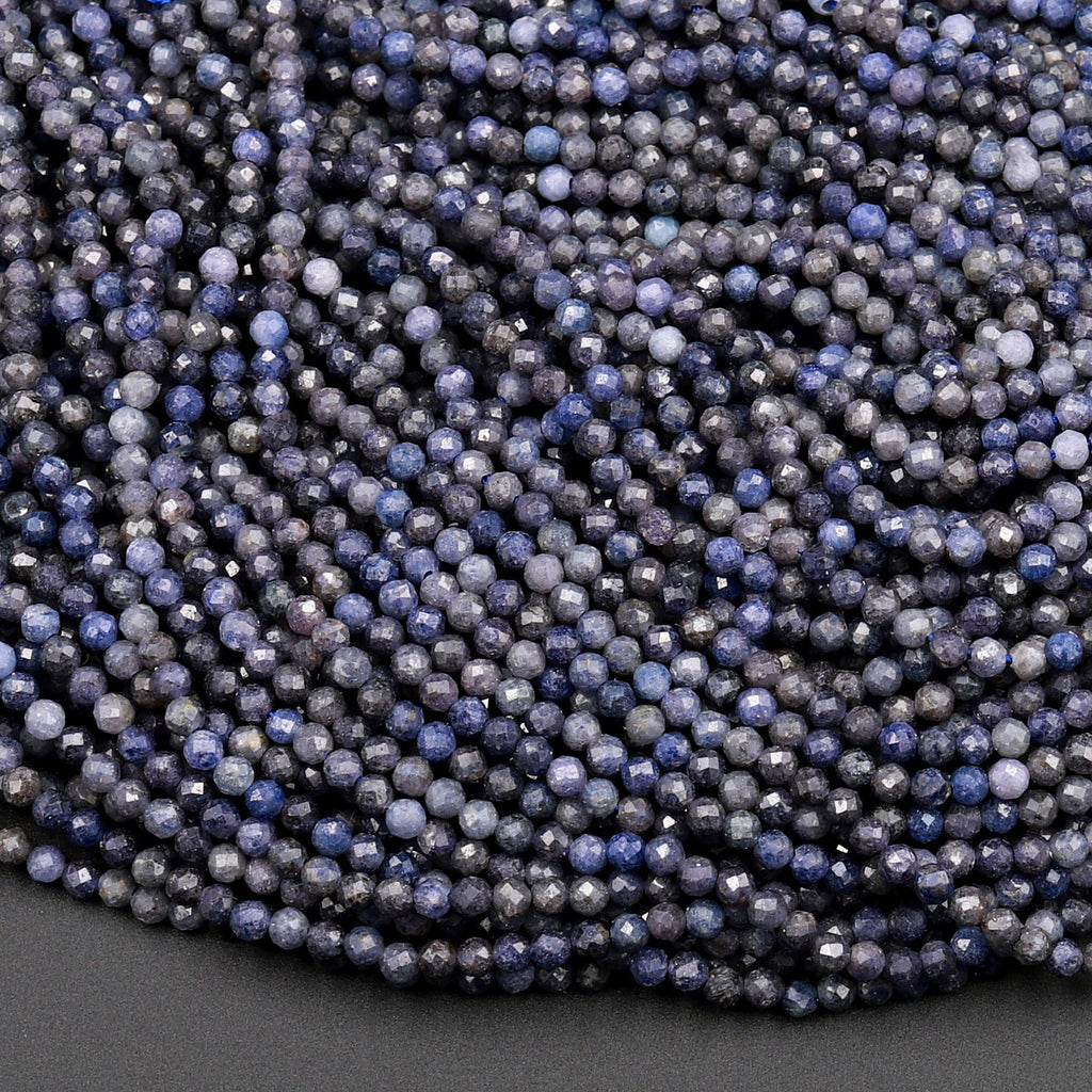 Micro Cut Faceted Natural Blue Sapphire 2mm 3mm 4mm Round Beads Earthy Genuine Real Blue Sapphire Gemstone 15.5&quot; Strand
