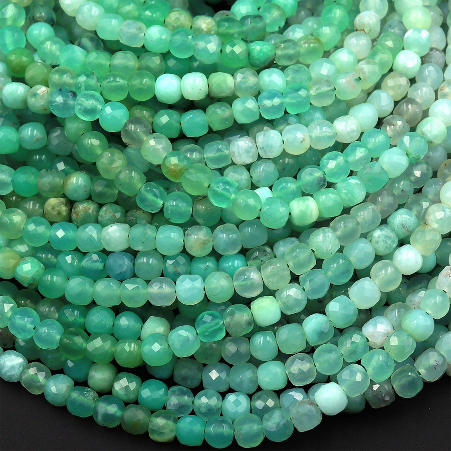 Natural Australian Green Chrysoprase Faceted 4mm Cube Square Dice Beads Gemstone 15.5&quot; Strand