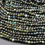 Natural Paraiba Green Tourmaline Faceted 3mm 4mm Round Beads Diamond Cut Gemstone 16&quot; Strand