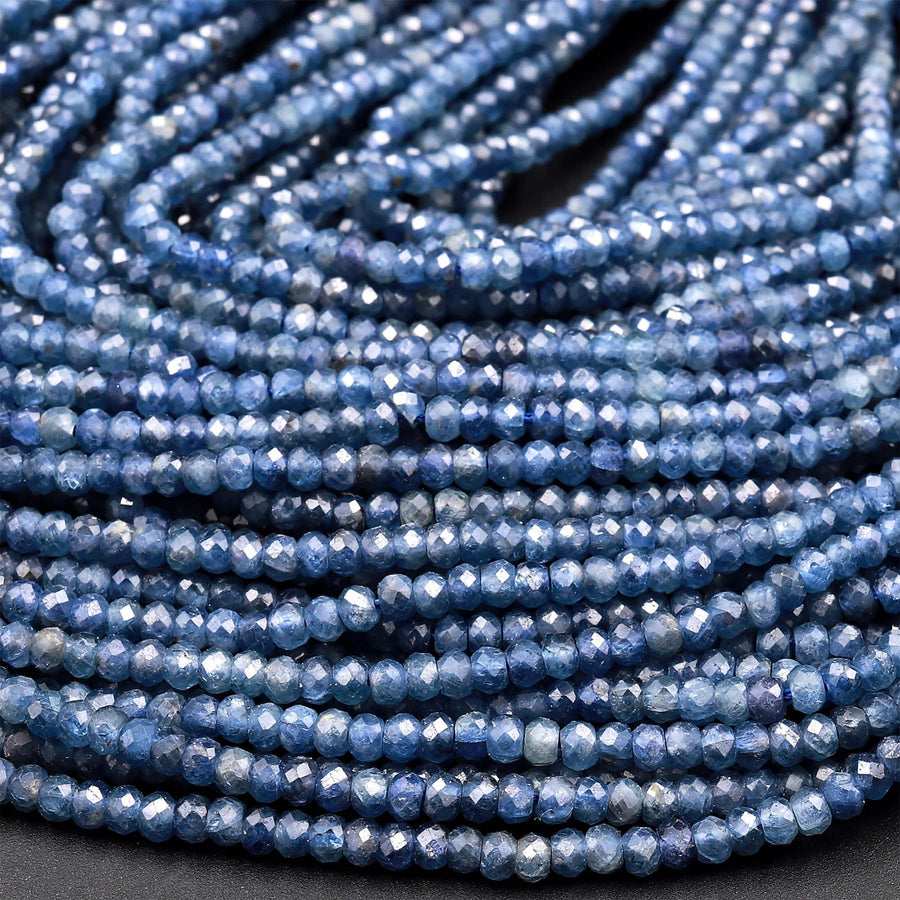 AAA Natural Blue Sapphire Faceted 3mm Rondelle Beads Micro Laser Diamond Cut Genuine Gemstone 15.5&quot; Strand