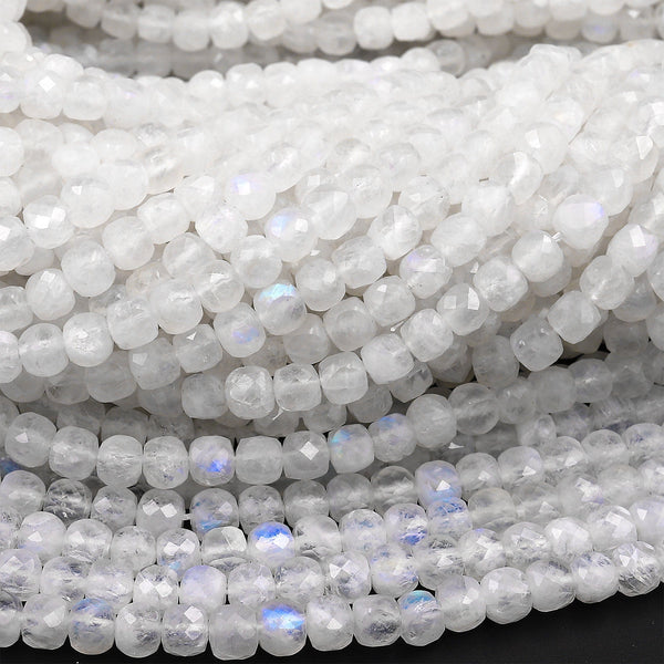 AAA Natural Blue Rainbow Moonstone Faceted 4mm Cube Dice Square Beads Micro Faceted Laser Diamond Cut 15.5&quot; Strand