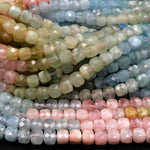 AA Natural Multicolor Blue Aquamarine Pink Morganite Faceted 6mm Cube Dice Square Beads Micro Faceted Laser Diamond Cut 15.5&quot; Strand