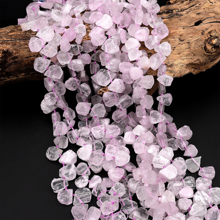Hand Cut Natural Kunzite Beads Flat Teardrop Focal Pendant Natural Pink Violet Purple Gemstone 16&quot; Strand