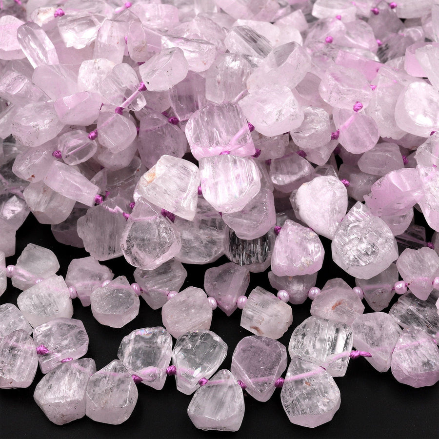 Hand Cut Natural Kunzite Beads Flat Teardrop Focal Pendant Natural Pink Violet Purple Gemstone 16&quot; Strand