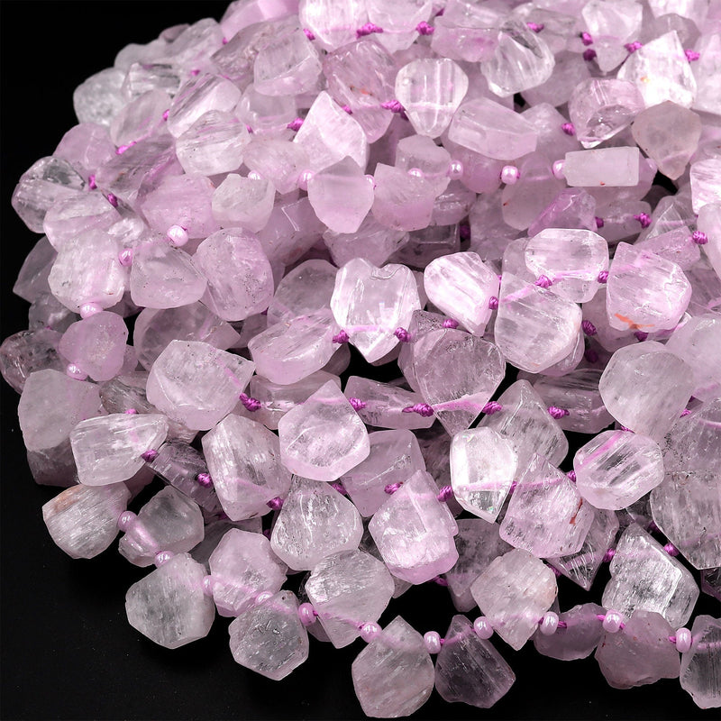 Hand Cut Natural Kunzite Beads Flat Teardrop Focal Pendant Natural Pink Violet Purple Gemstone 16&quot; Strand
