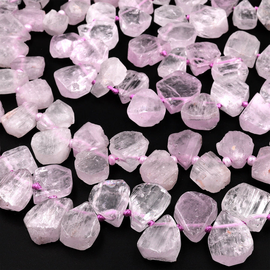 Hand Cut Natural Kunzite Beads Flat Teardrop Focal Pendant Natural Pink Violet Purple Gemstone 16&quot; Strand