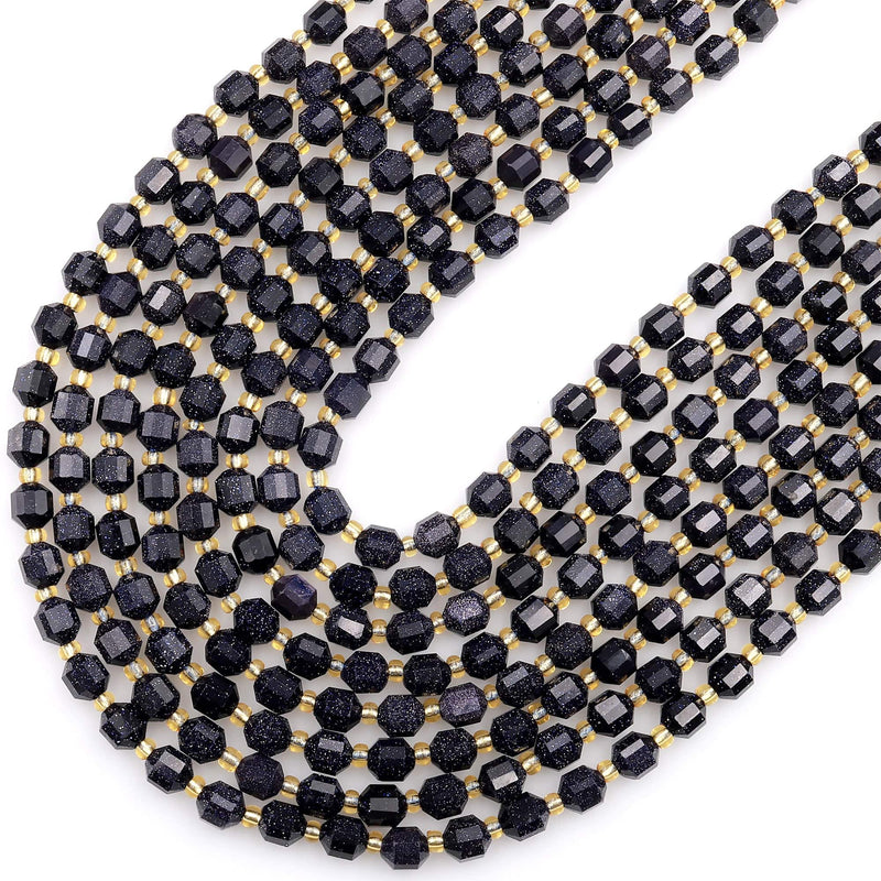 Blue Goldstone 6mm 8mm 10mm Beads Faceted Energy Prism Double Terminated Points 15.5&quot; Strand