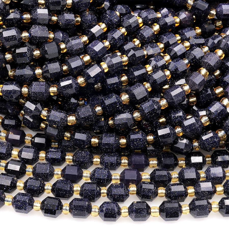 Blue Goldstone 6mm 8mm 10mm Beads Faceted Energy Prism Double Terminated Points 15.5&quot; Strand