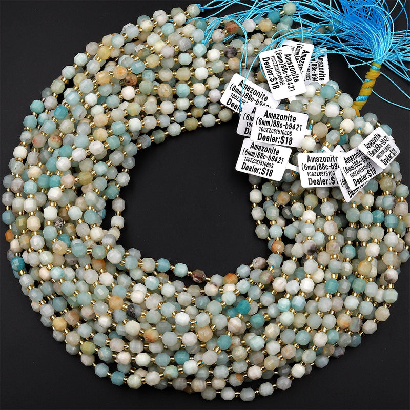 Natural Amazonite 6mm 8mm Beads Faceted Energy Prism Double Terminated Points 15.5&quot; Strand