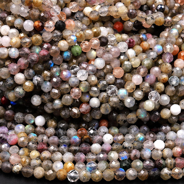 Micro Faceted Multicolor Gemstone 4mm Round Beads Labradorite Sunstone Laser Diamond Cut Gemstone 15.5&quot; Strand