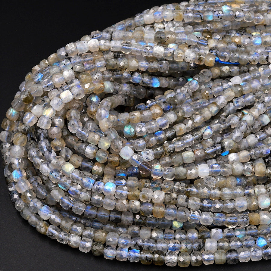 Natural Blue Fire Labradorite Faceted 4mm Cube Dice Square Beads Micro Faceted Laser Diamond Cut 15.5&quot; Strand
