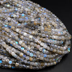 Natural Blue Fire Labradorite Faceted 4mm Cube Dice Square Beads Micro Faceted Laser Diamond Cut 15.5&quot; Strand