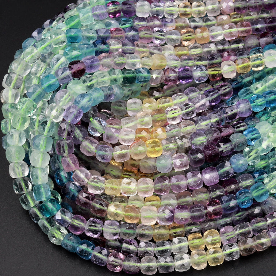 AAA Natural Fluorite Faceted 4mm Cube Square Dice Beads Vibrant Rainbow Purple Blue Green Yellow Gemstone 15.5&quot; Strand