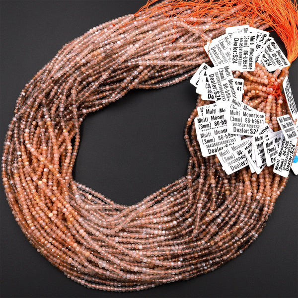 AAA Micro Faceted Natural Multicolor Peach Gray Moonstone 3mm Rondelle Beads 15.5&quot; Strand