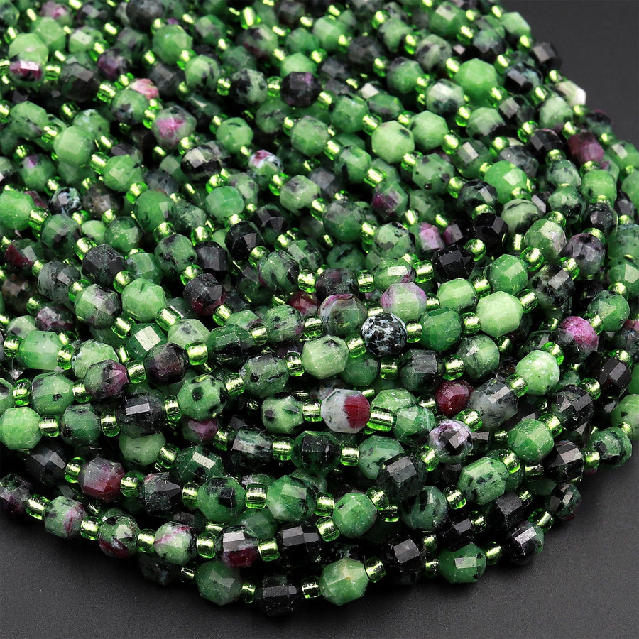 Faceted Natural Ruby Zoisite 6mm Beads Energy Prism Double Terminated Point Cut 15.5&quot; Strand