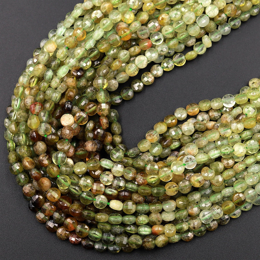 Natural Green Garnet 4mm Faceted Coin Beads 15.5&quot; Strand