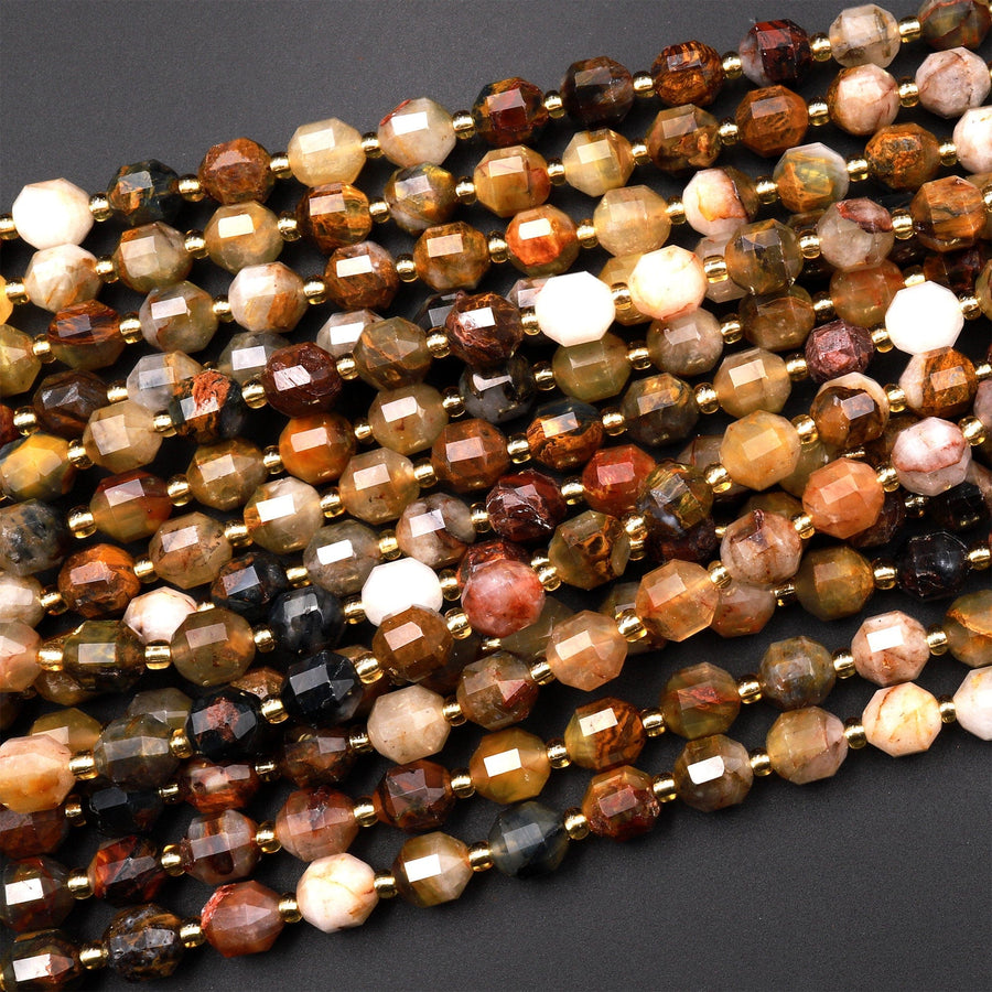 Natural Pietersite 8mm Beads Faceted Energy Prism Double Terminated Point Cut 15.5&quot; Strand