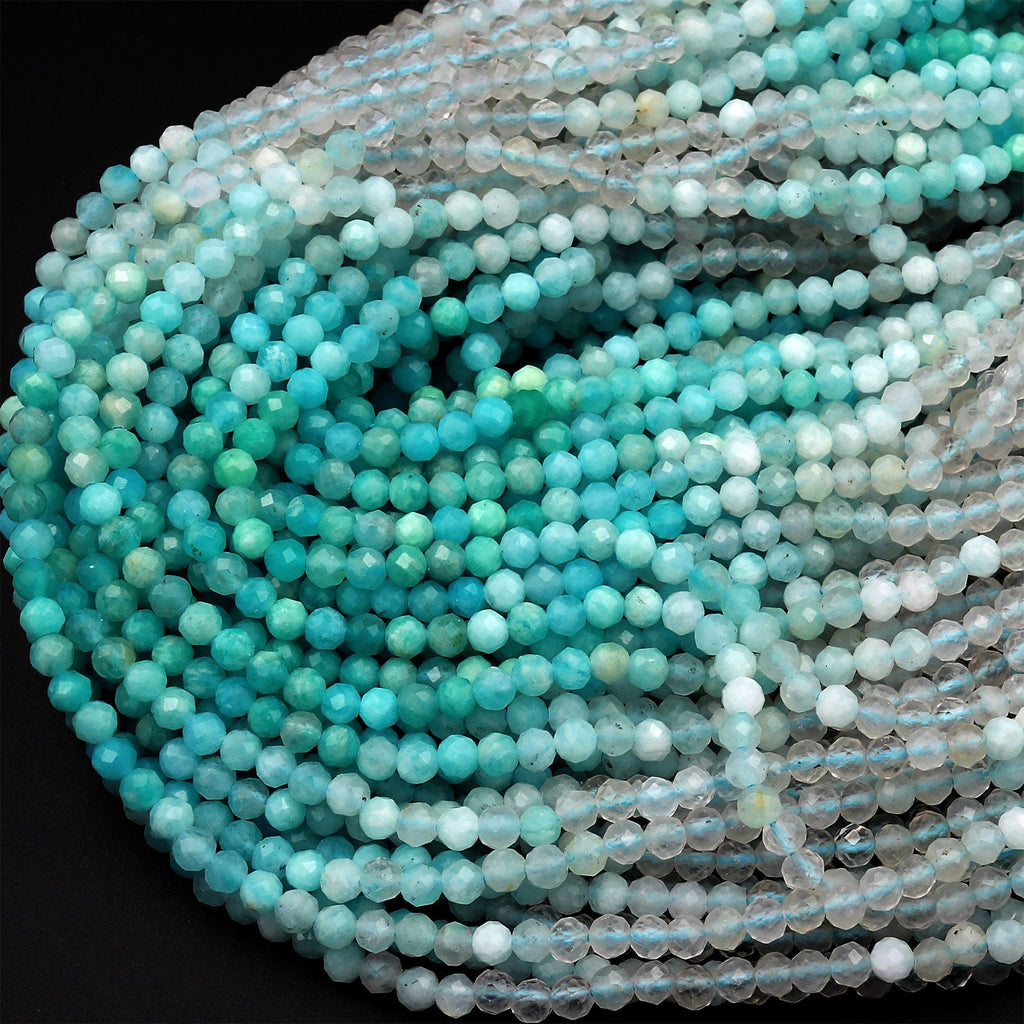 Peruvian Amazonite 3mm Faceted Round Beads Muticolor Natural Sea Blue Green Gemstone Micro Faceted Laser Diamond Cut 15.5&quot; Strand