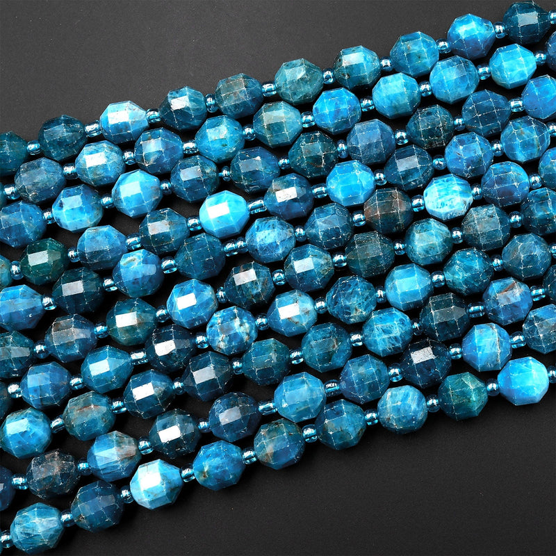AA Natural Apatite 8mm 10mm Beads Faceted Energy Prism Double Terminated Points 15.5&quot; Strand