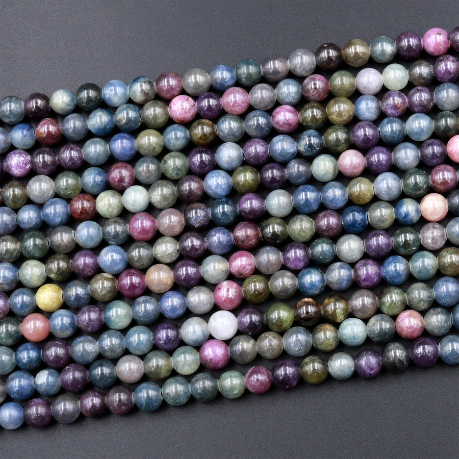 Real Genuine Sapphire 5mm Smooth Round Beads Natural Multicolor Blue Pink Red Green Gemstone 15.5&quot; Strand