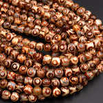 Tibetan Agate 6mm 8mm 10mm Round Beads Dzi Agate Brown Etched Eye Mala Antique Boho Beads 15.5&quot; Strand