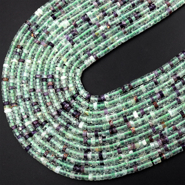Natural Green Purple Fluorite 4mm Heishi Rondelle Beads 15.5&quot; Strand