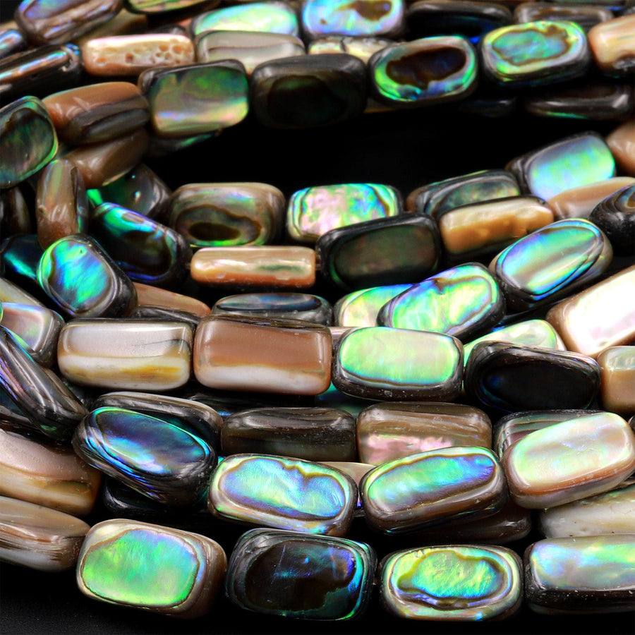 AAA Natural Abalone Tube Rectangle Beads Iridescent Rainbow Glow Blue Green Red Pink Flash 15.5&quot; Strand