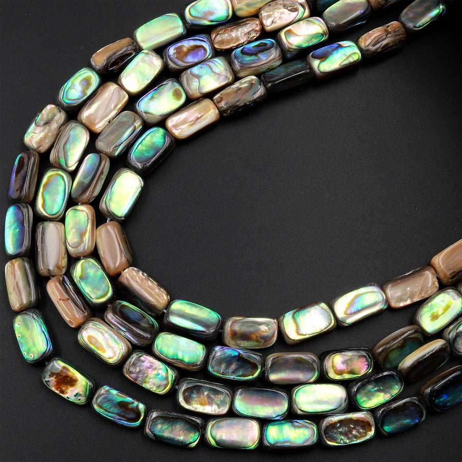 AAA Natural Abalone Tube Rectangle Beads Iridescent Rainbow Glow Blue Green Red Pink Flash 15.5&quot; Strand