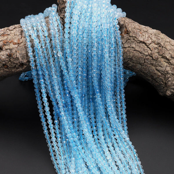 Micro Faceted Natural Aquamarine 4mm Faceted Round Beads Laser Diamond Cut Real Genuine Blue Aquamarine Gemstone 15.5&quot; Strand