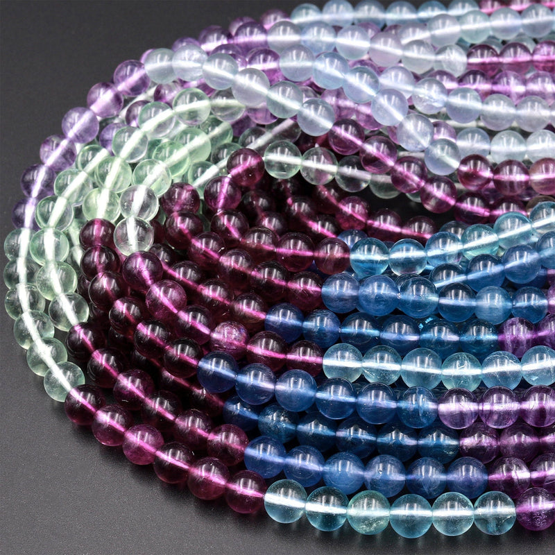 Natural Fluorite 4mm 6mm 8mm 10mm Round Beads Vibrant Multicolor Purple Green Blue Yellow Fluorite Gemstone Beads 15.5&quot; Strand
