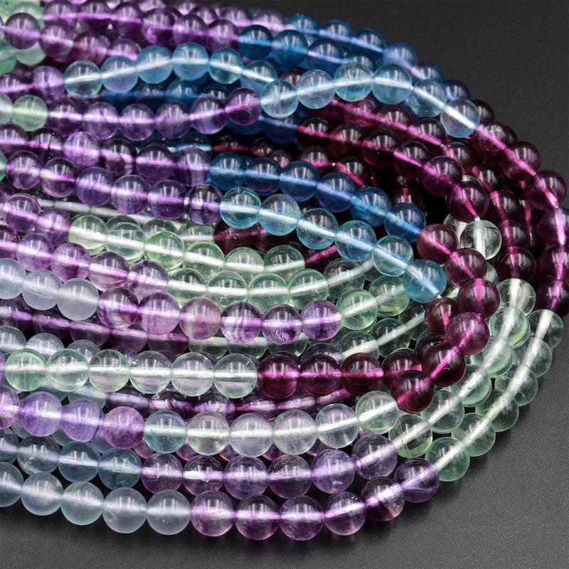 Natural Fluorite 4mm 6mm 8mm 10mm Round Beads Vibrant Multicolor Purple Green Blue Yellow Fluorite Gemstone Beads 15.5&quot; Strand