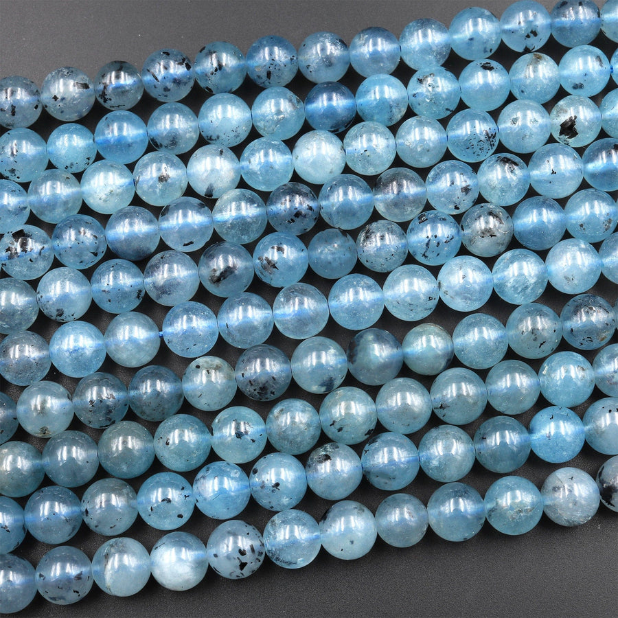 Natural Translucent Blue Aquamarine 6mm 8mm 10mm 12mm Round Beads W Black Iron Matrix 15.5&quot; Strand