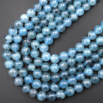 Natural Translucent Blue Aquamarine 6mm 8mm 10mm 12mm Round Beads W Black Iron Matrix 15.5&quot; Strand