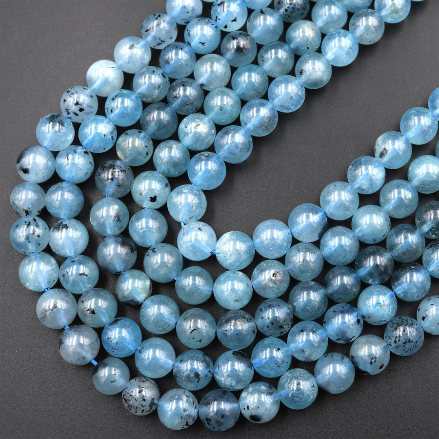 Natural Translucent Blue Aquamarine 6mm 8mm 10mm 12mm Round Beads W Black Iron Matrix 15.5&quot; Strand